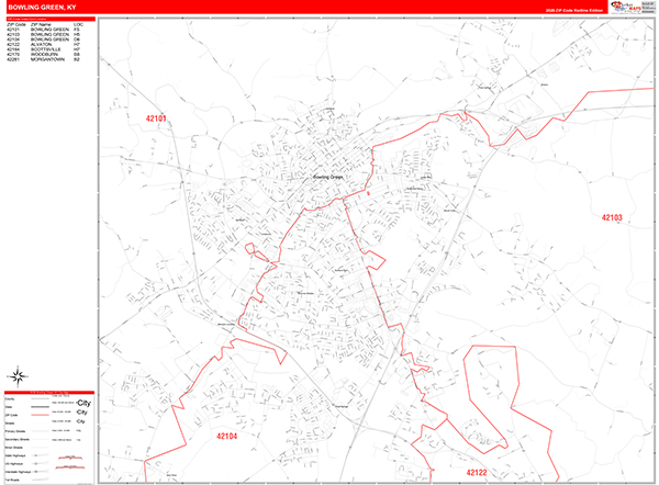 Bowling Green City Wall Map Red Line Style